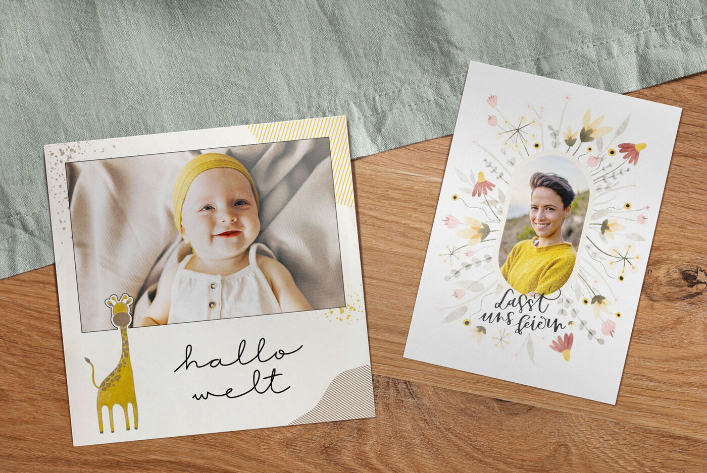 Zwei liebevoll gestaltete Karten mit einem Babymotiv und einer Giraffe sowie einem gelben Kleid.