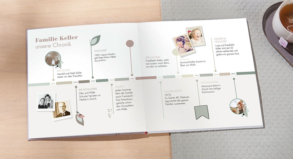 Offenes CEWE FOTOBUCH mit Familienchronik, chronologische Übersicht von Familienereignissen