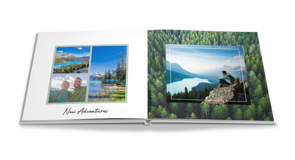 Offenes CEWE FOTOBUCH mit bezaubernden Reisemomenten in der Natur.